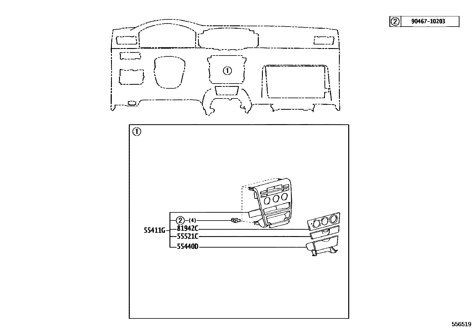 Toyota COROLLA 仪表板和手套箱 EPC diagram — 556519