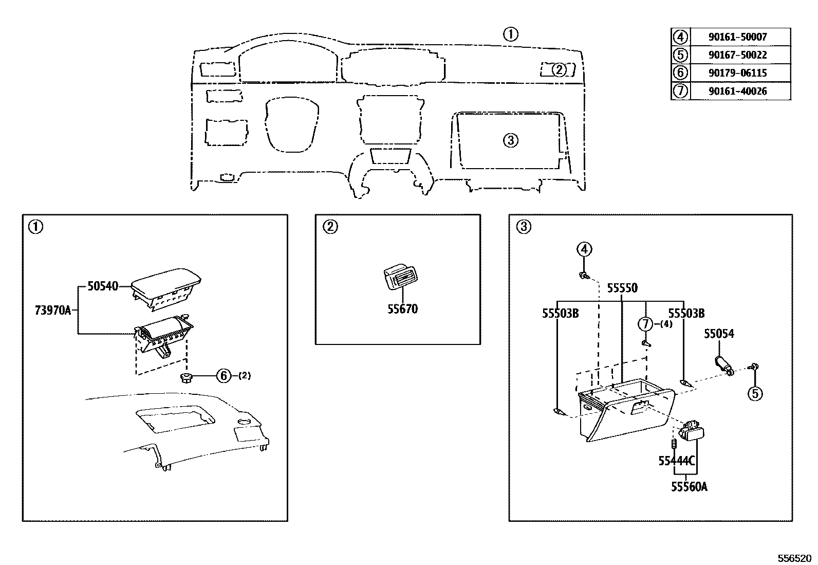 Toyota COROLLA 仪表板和手套箱 EPC diagram — 556520