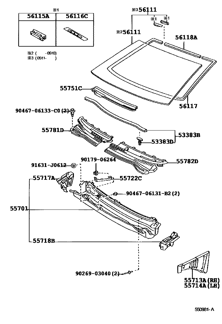Toyota COROLLA 前围板和挡风玻璃 EPC diagram — 550981A