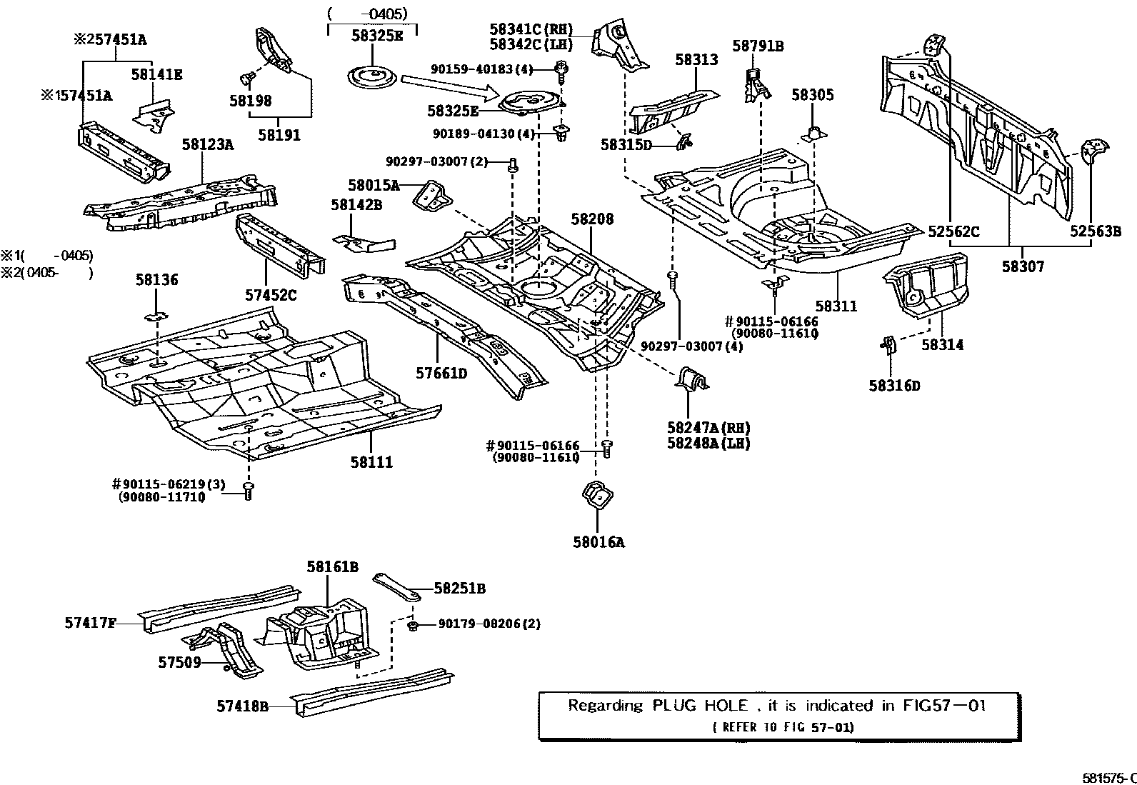 Toyota COROLLA 浅盘形地板和车身下背板 EPC diagram — 581575C
