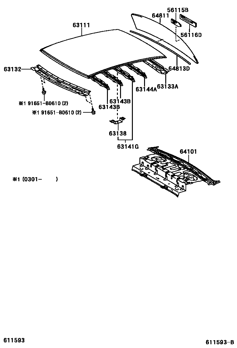 Toyota COROLLA 天窗板和背窗玻璃 EPC diagram — 611593B
