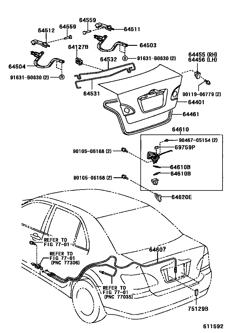 Toyota COROLLA 行李箱门和行李箱锁 EPC diagram — 611592