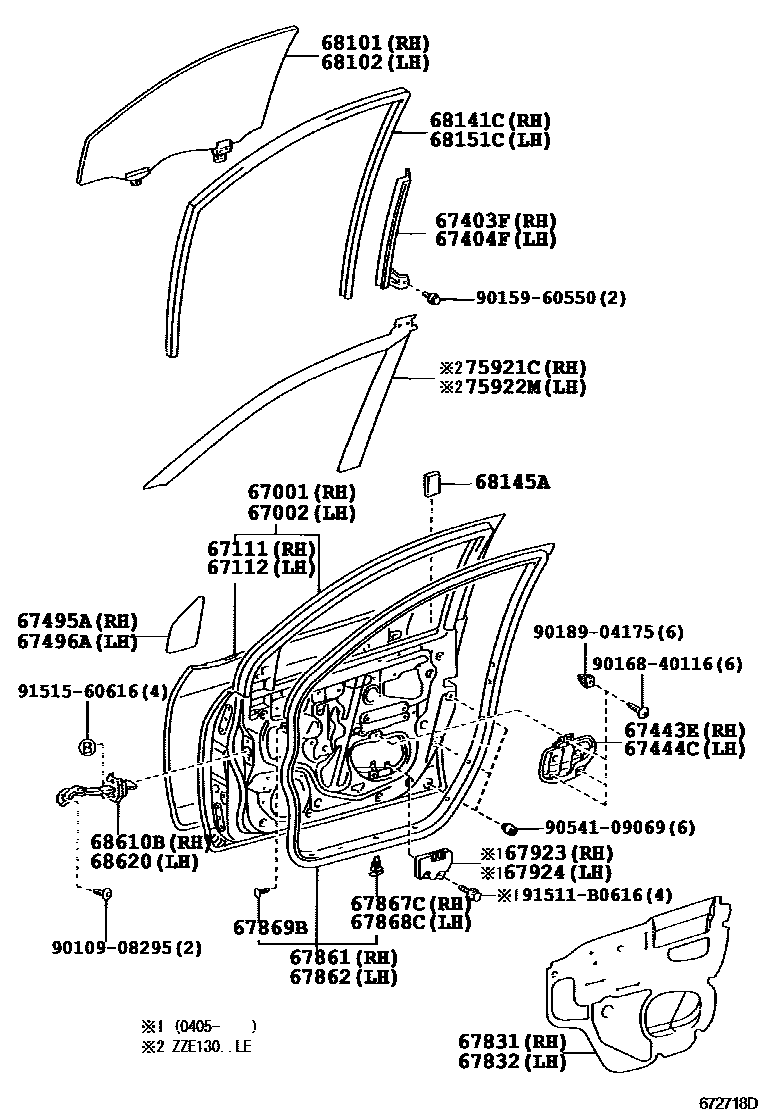 Toyota COROLLA 前门板和前门玻璃 EPC diagram — 672718D