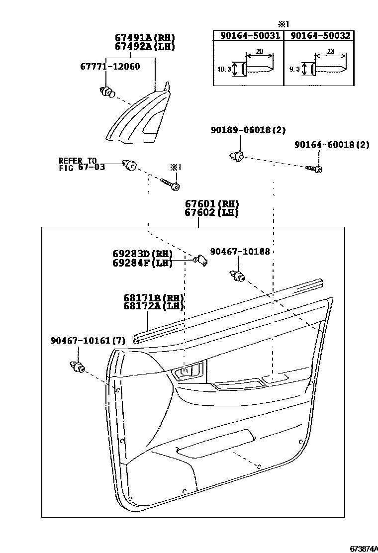 Toyota COROLLA 前门板和前门玻璃 EPC diagram — 673874A