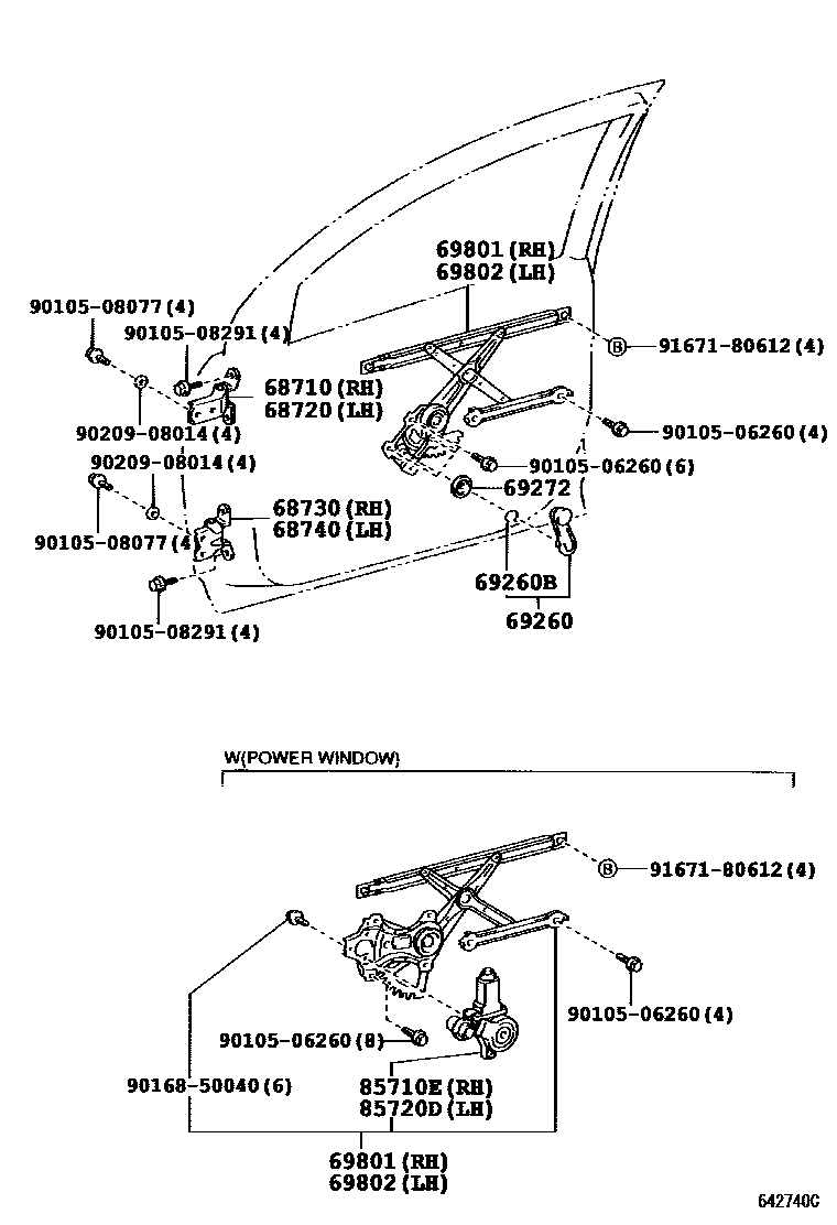 Toyota COROLLA 前门车窗升降器和合页 EPC diagram — 672740C