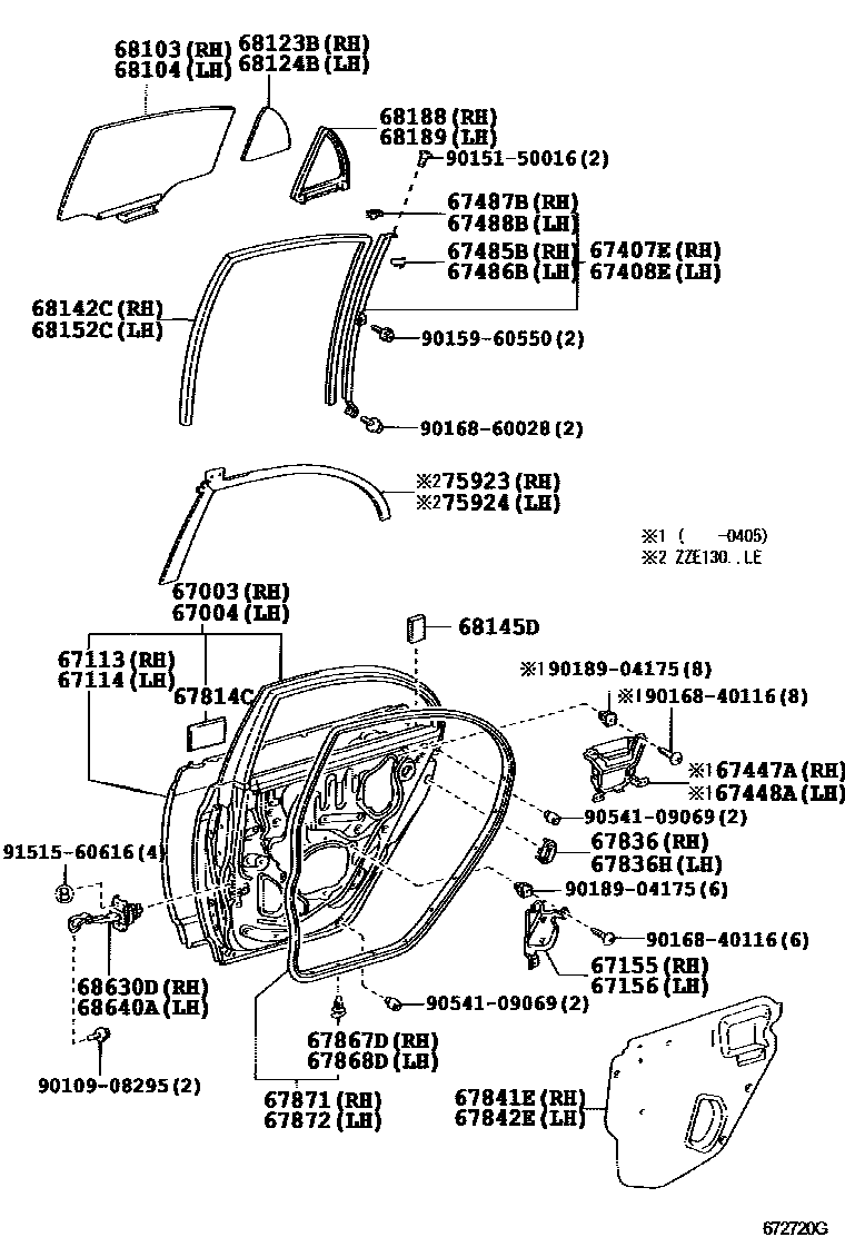 Toyota COROLLA 后门板和后门玻璃 EPC diagram — 672720G