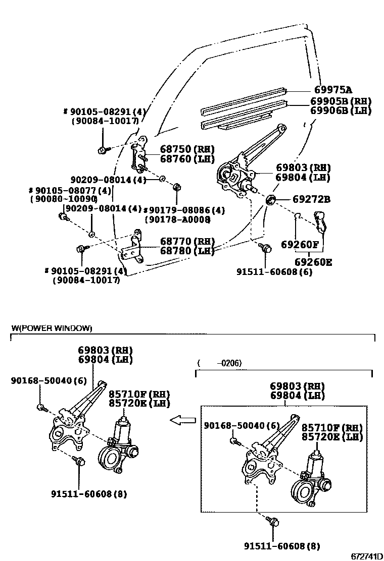 Toyota COROLLA 后门车窗升降器和合页 EPC diagram — 672741D