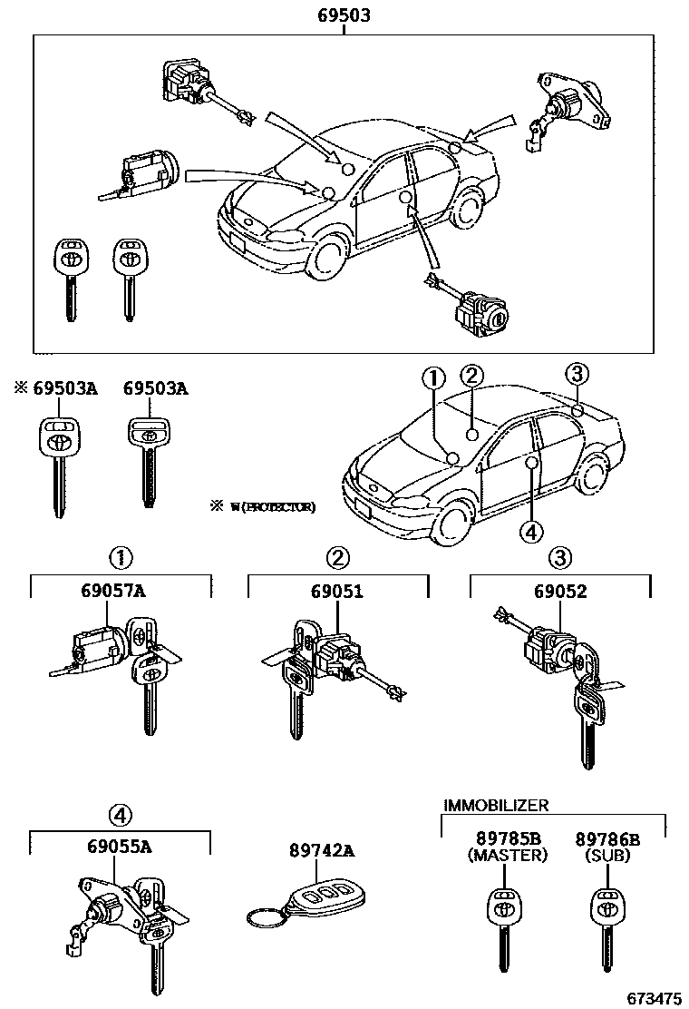 Toyota COROLLA 锁芯组件 EPC diagram — 673475