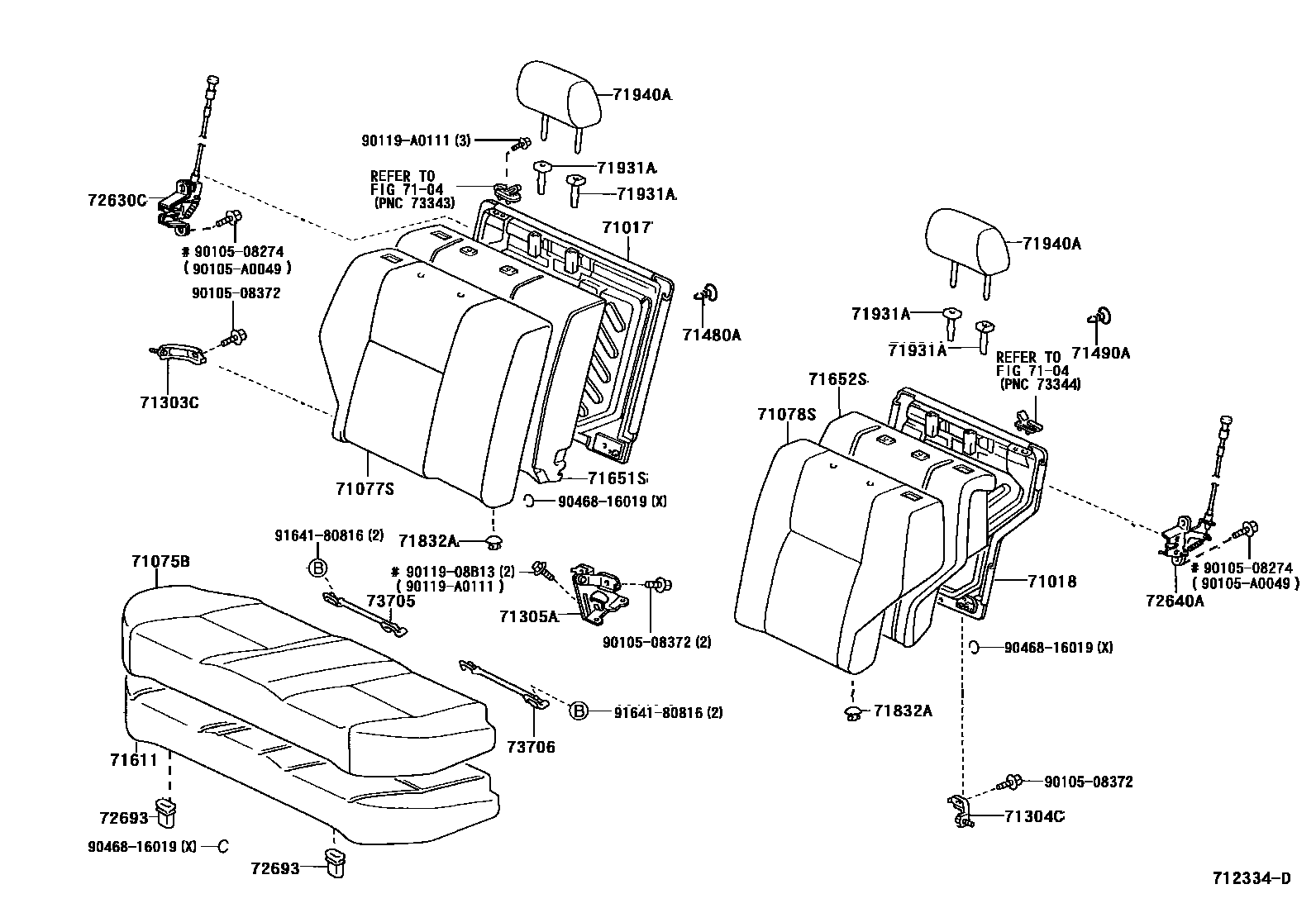 Toyota COROLLA 后排座椅和座椅滑轨 EPC diagram — 712334D