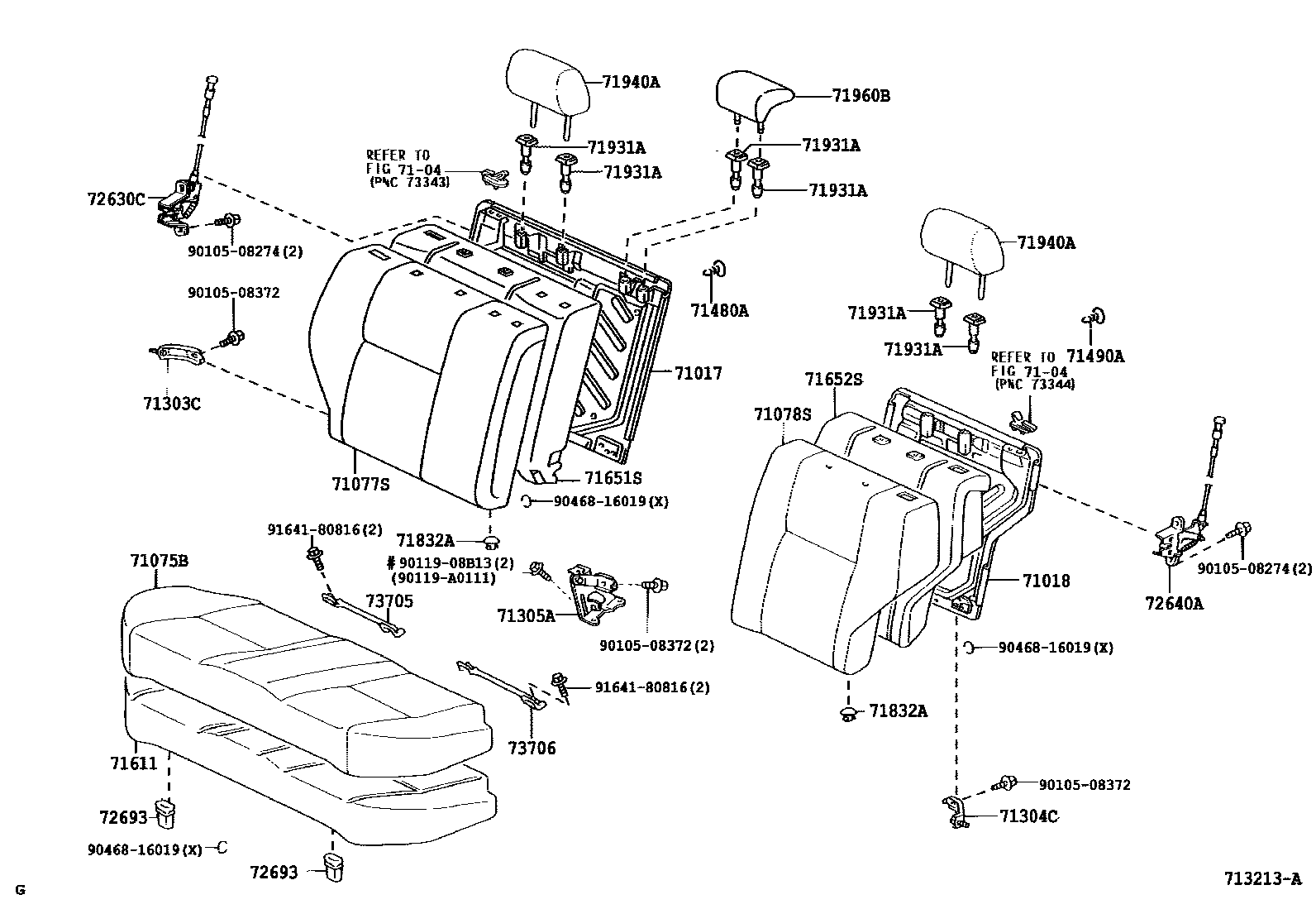 Toyota COROLLA 后排座椅和座椅滑轨 EPC diagram — 713213A