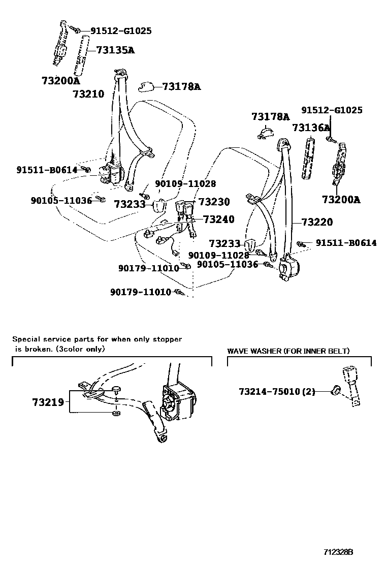 Toyota COROLLA 安全带和儿童保护座椅 EPC diagram — 712328B