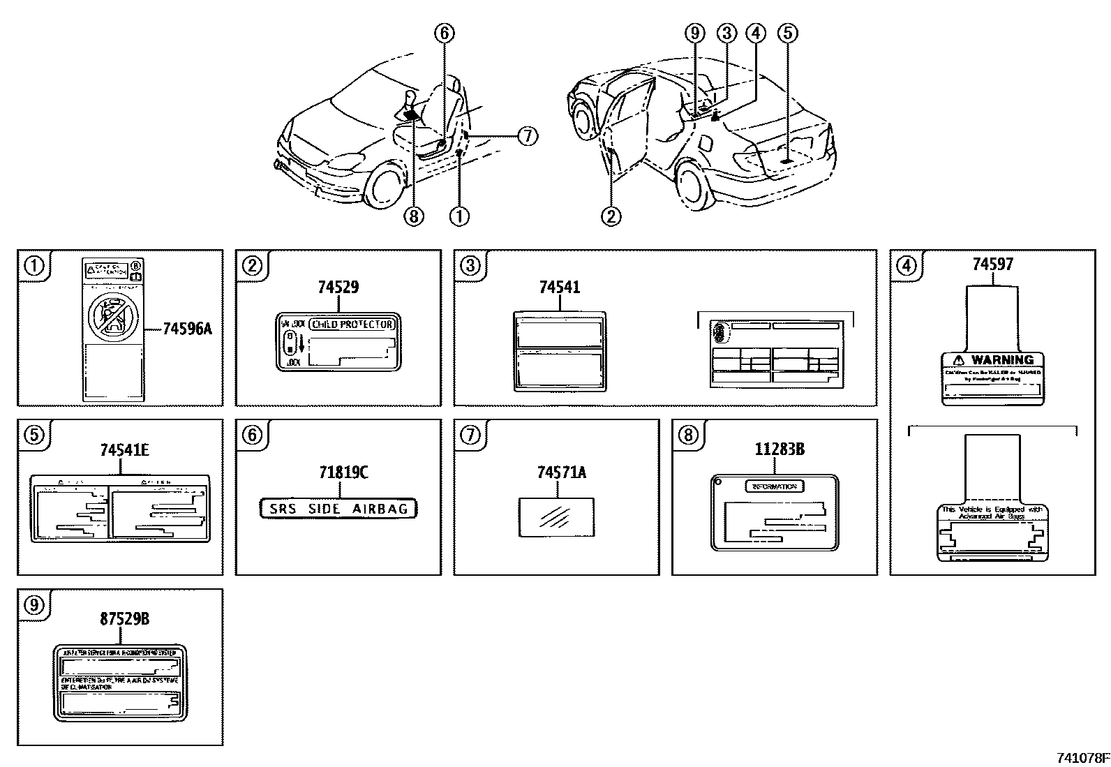 Toyota COROLLA 警示铭牌(车外和车内) EPC diagram — 741078F