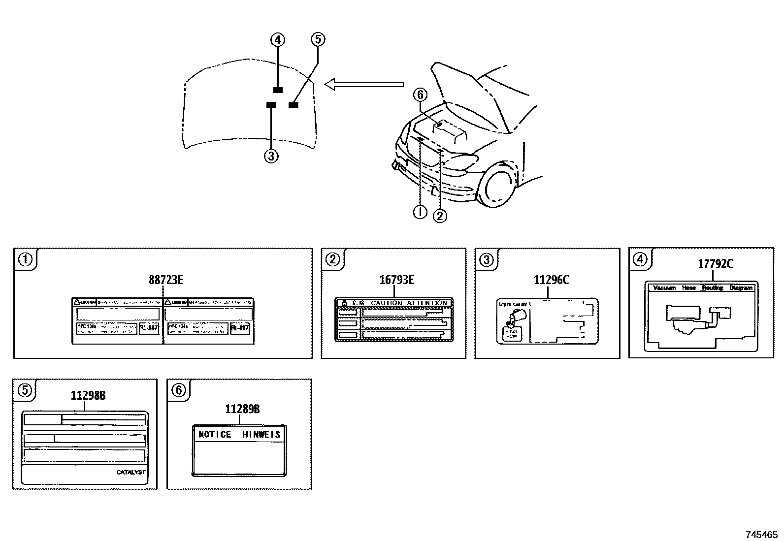 Toyota COROLLA 警示铭牌(车外和车内) EPC diagram — 745465