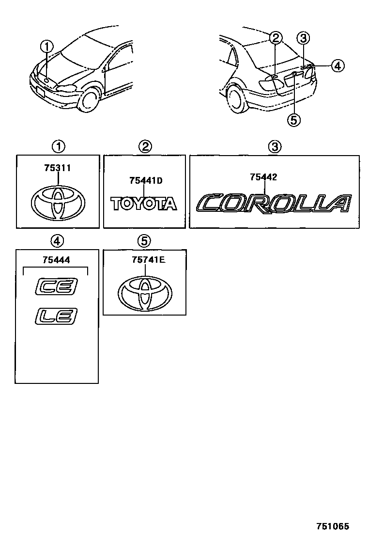 Toyota COROLLA 丰田徽标和铭牌(车外和车内) EPC diagram — 751065