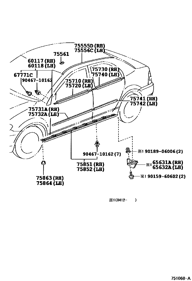 Toyota COROLLA 侧防护条 EPC diagram — 751068A