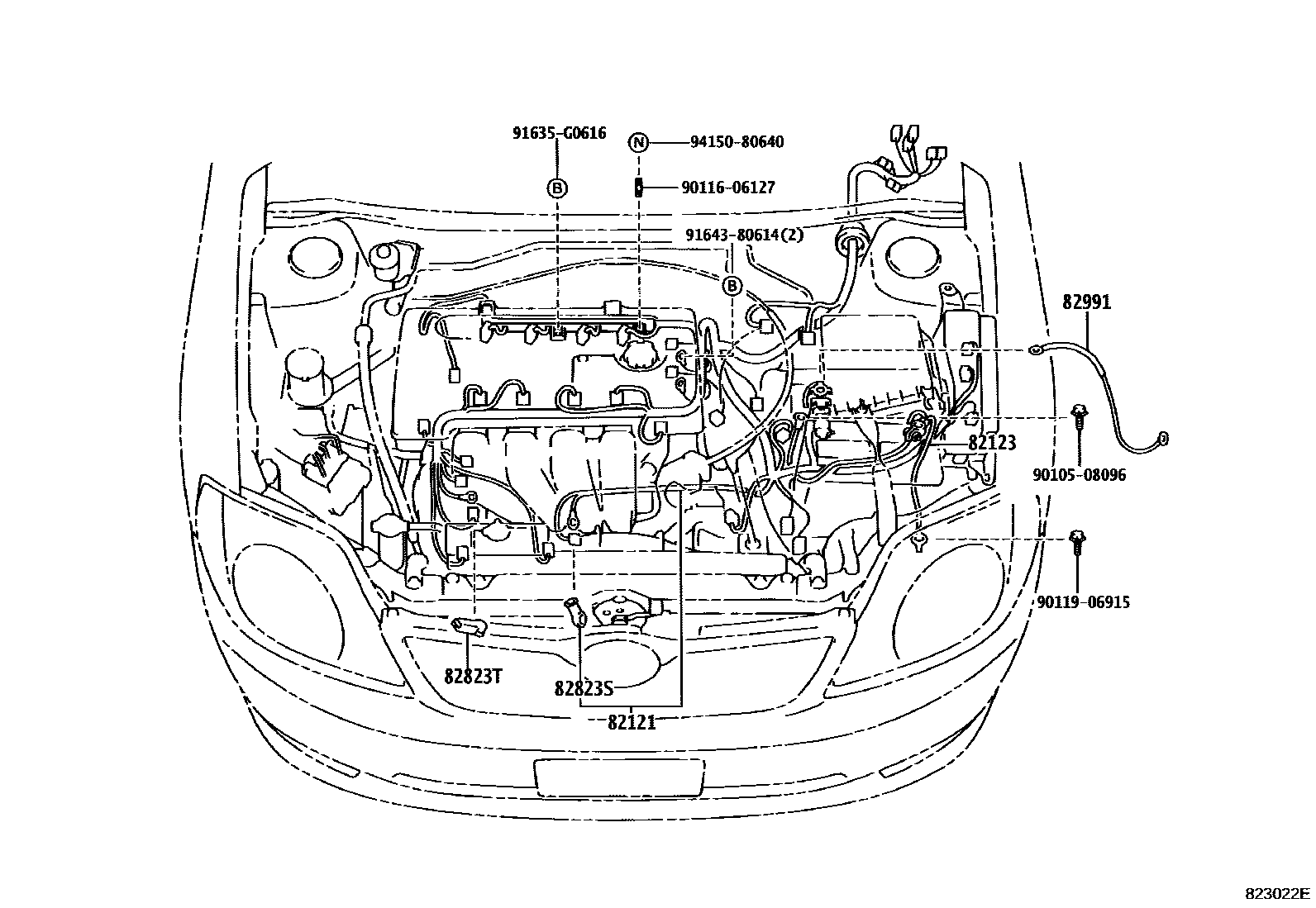 Toyota COROLLA 线束和卡夹 EPC diagram — 823022E