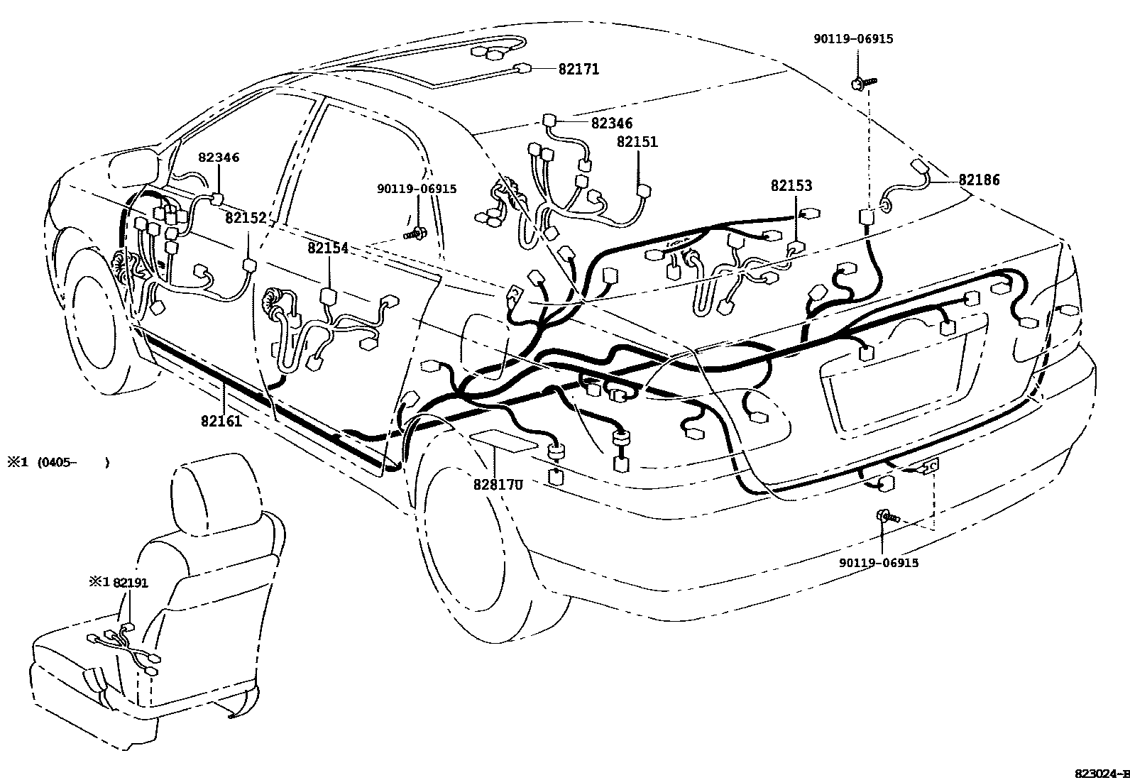 Toyota COROLLA 线束和卡夹 EPC diagram — 823024B