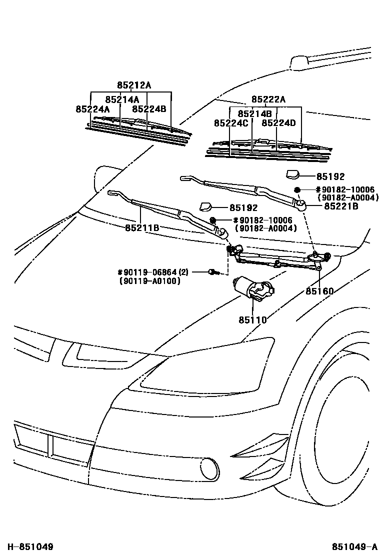 Toyota COROLLA 挡风玻璃刮水器 EPC diagram — 851049A