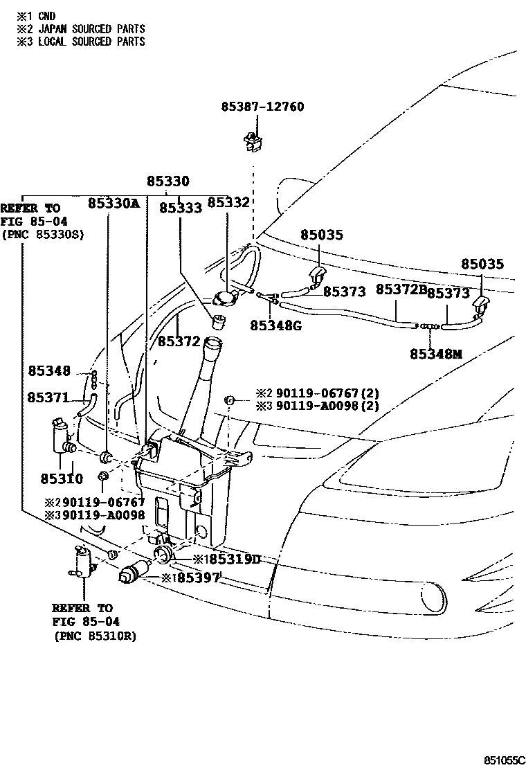 Toyota COROLLA 挡风玻璃清洗器 EPC diagram — 851055C