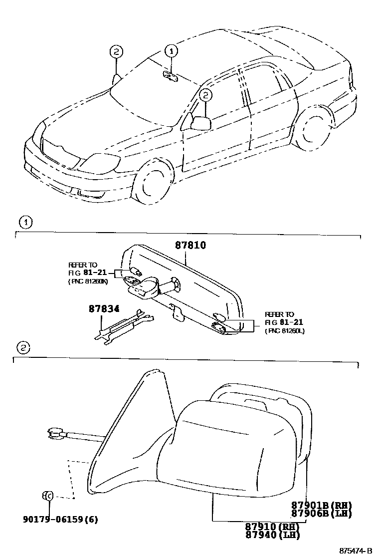 Toyota COROLLA 后视镜 EPC diagram — 875474B