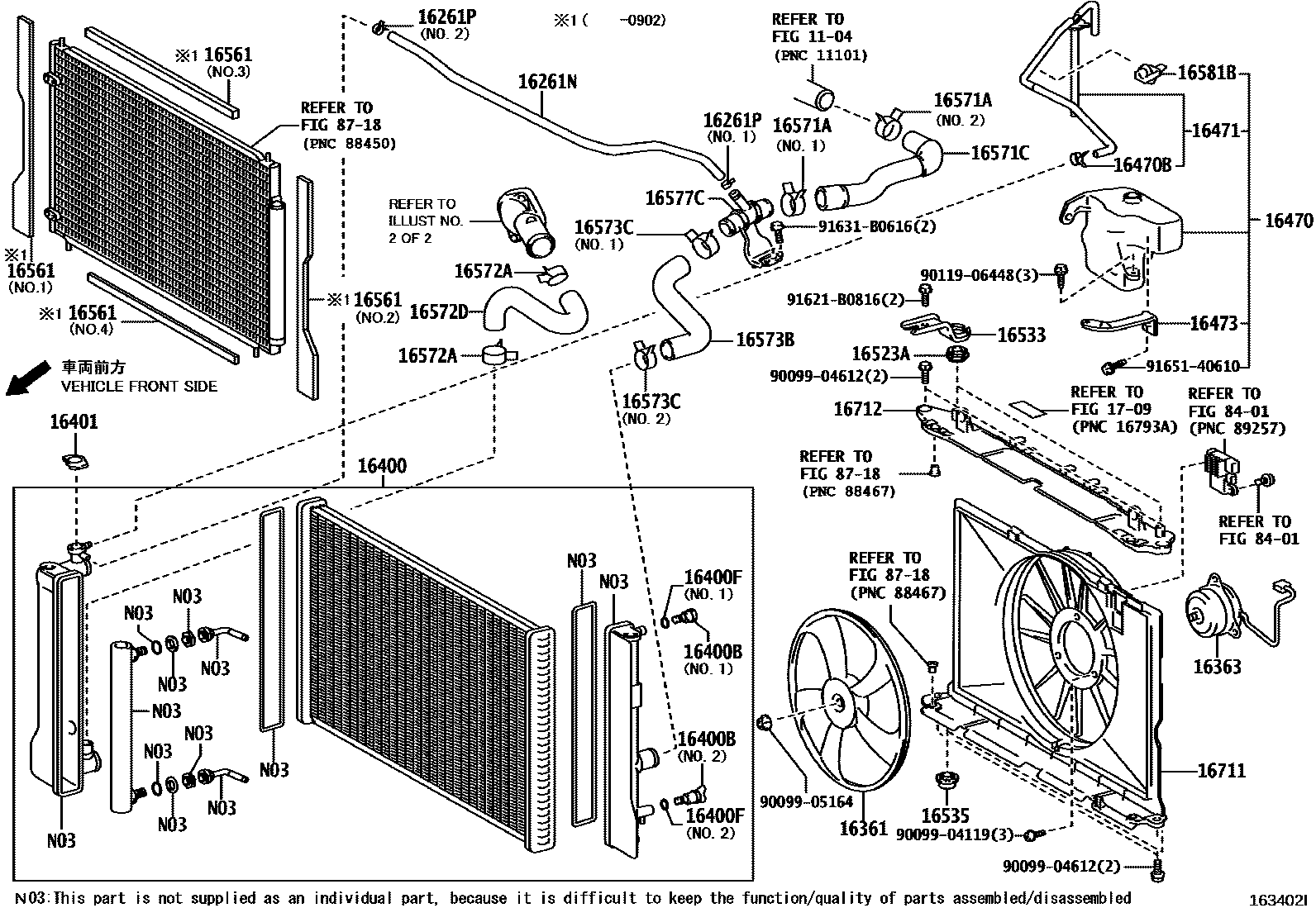 Toyota COROLLA RADIATOR & WATER OUTLET EPC diagram — 163402I