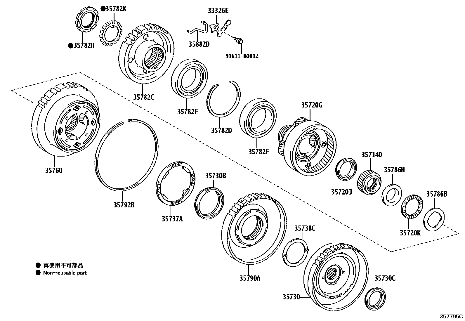 Toyota COROLLA 行星齿轮、倒档活塞和中间轴齿轮(ATM) EPC diagram — 357795C