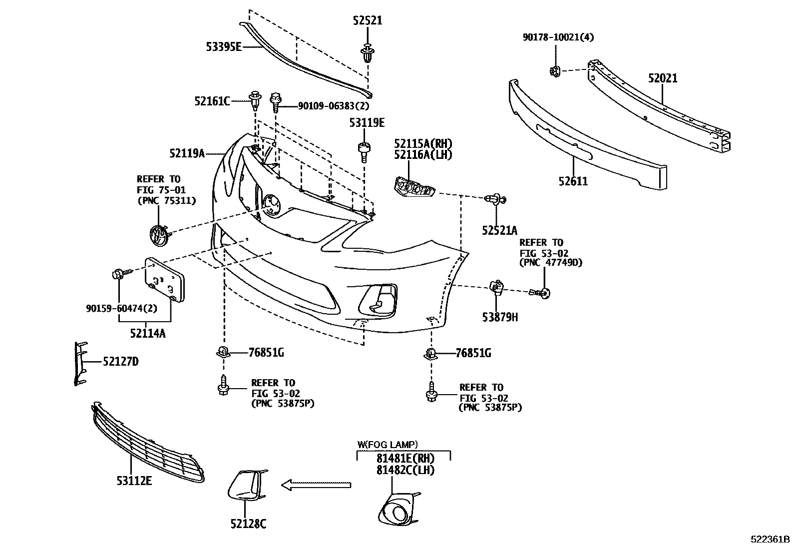 Toyota COROLLA 前保险杠及附件 EPC diagram — 522361B