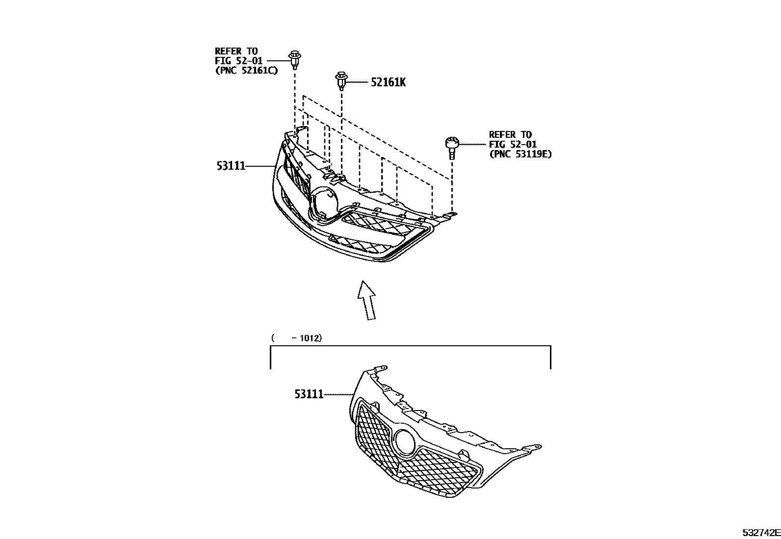 Toyota COROLLA radiator grille EPC diagram — 532742E