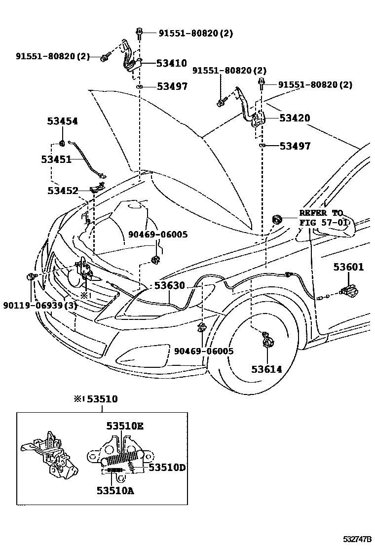 Toyota COROLLA 发动机盖锁和铰链 EPC diagram — 532747B