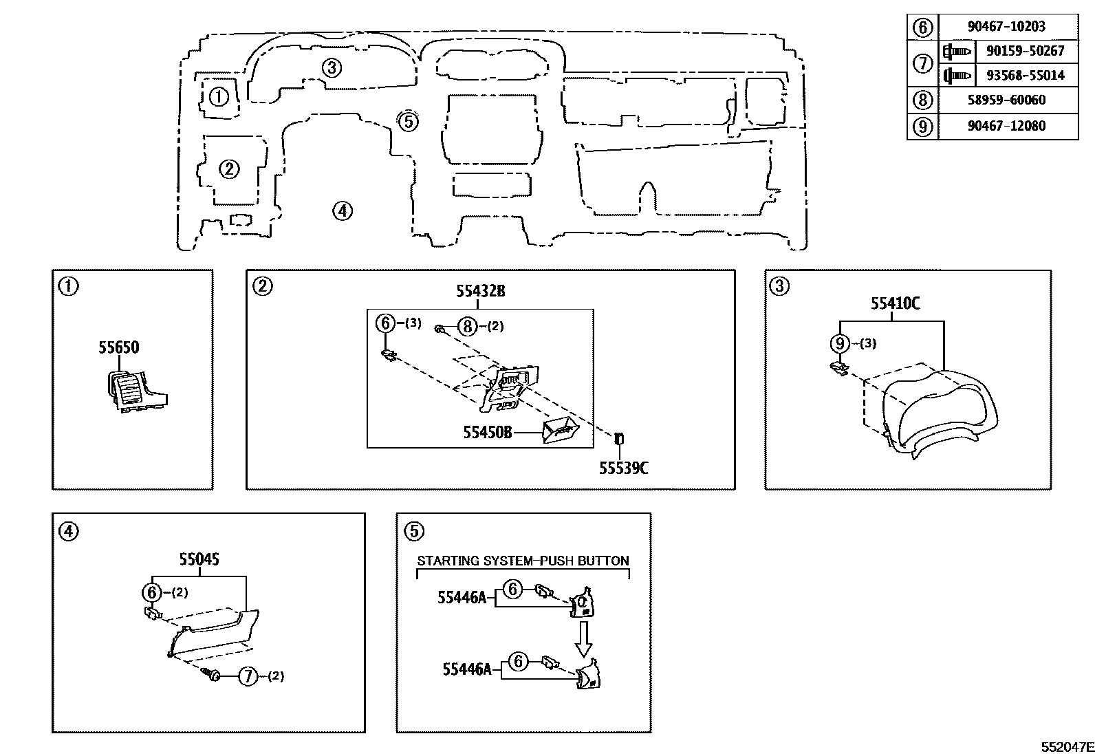 Toyota COROLLA 仪表板和手套箱 EPC diagram — 552047E