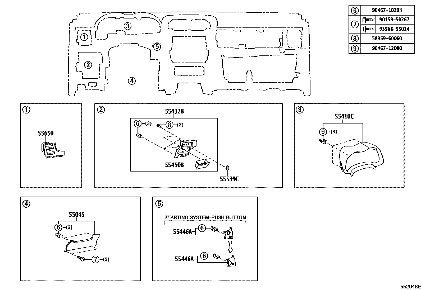Toyota COROLLA 仪表板和手套箱 EPC diagram — 552048E