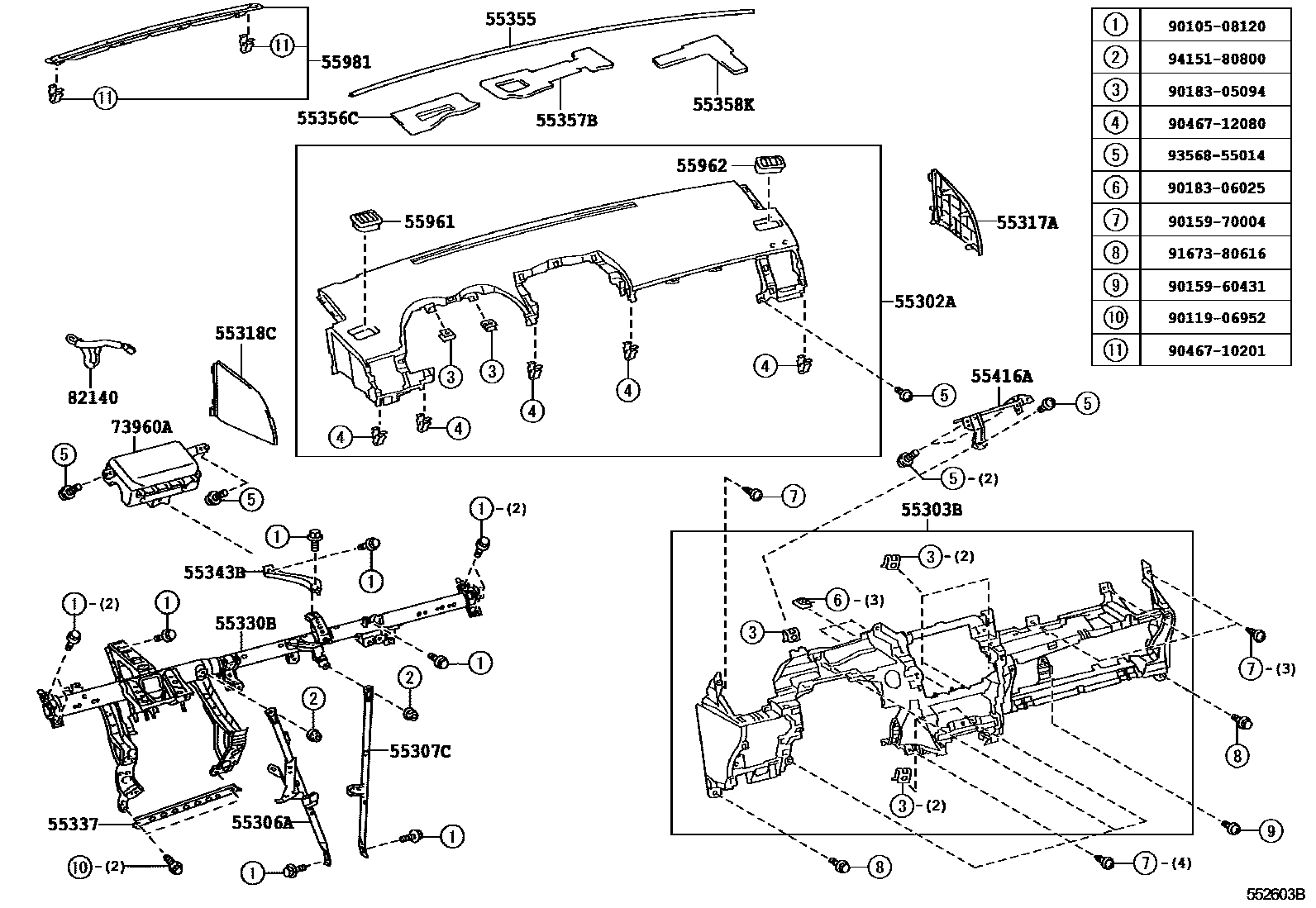Toyota COROLLA 仪表板和手套箱 EPC diagram — 552603B