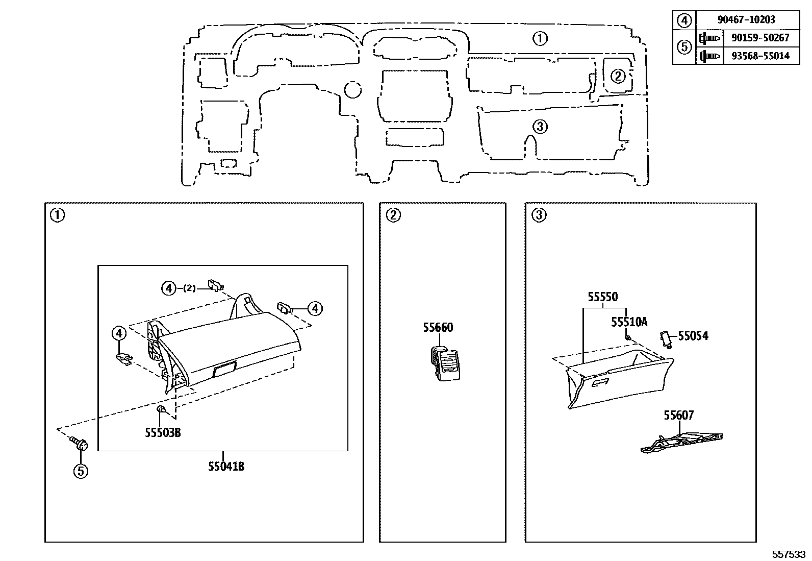 Toyota COROLLA 仪表板和手套箱 EPC diagram — 557533