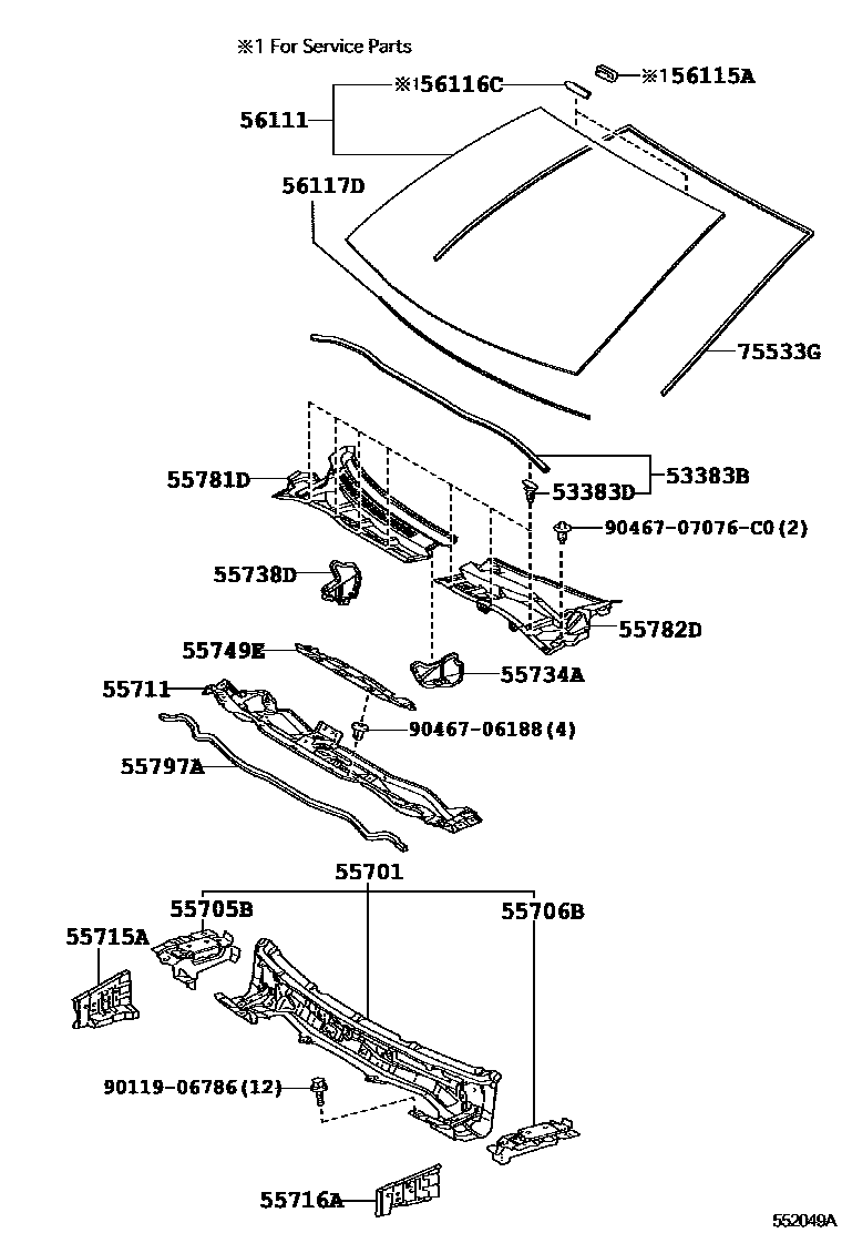 Toyota COROLLA 前围板和挡风玻璃 EPC diagram — 552049A