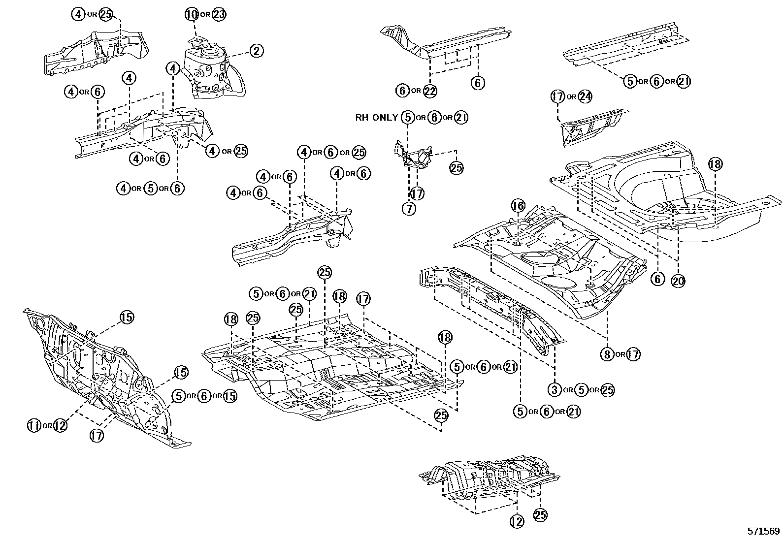 Toyota COROLLA hole plug EPC diagram — 571569