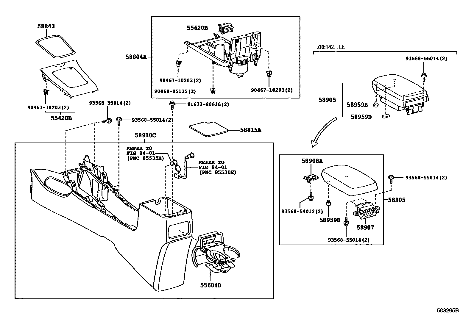 Toyota COROLLA 中央扶手箱和支架 EPC diagram — 583295B
