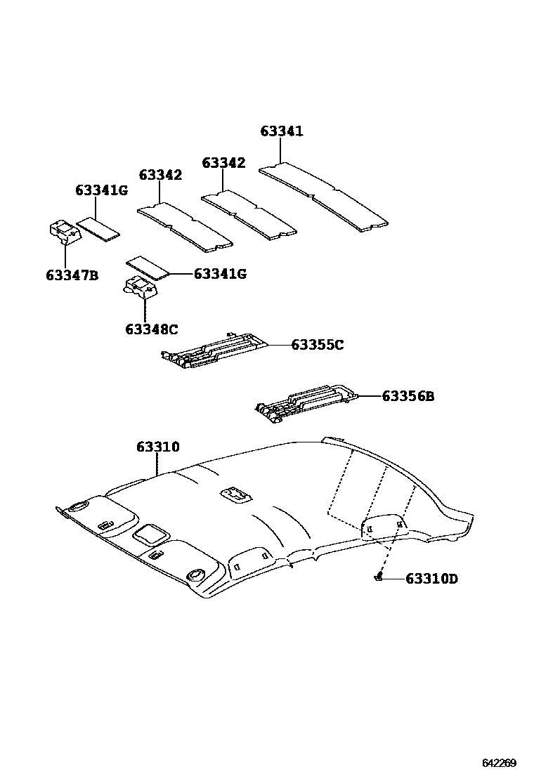 Toyota COROLLA 车顶内衬和消声垫 EPC diagram — 642269