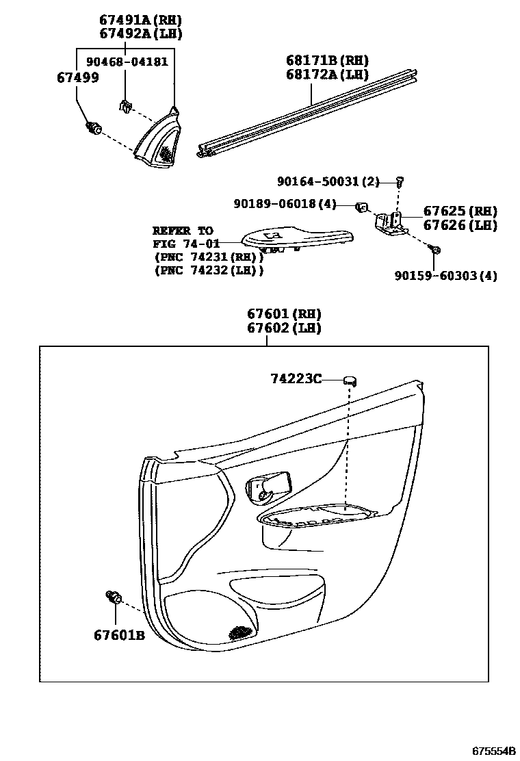 Toyota COROLLA 前门板和前门玻璃 EPC diagram — 675554B