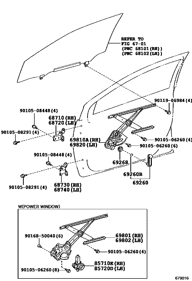 Toyota COROLLA 前门车窗升降器和合页 EPC diagram — 679016