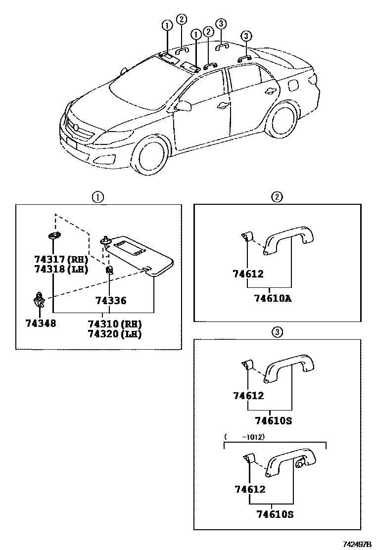 Toyota COROLLA 扶手和遮阳板 EPC diagram — 742497B