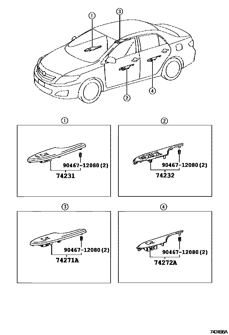 Toyota COROLLA 扶手和遮阳板 EPC diagram — 742498B