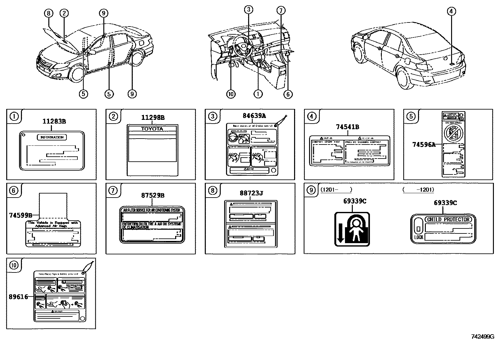 Toyota COROLLA 警示铭牌(车外和车内) EPC diagram — 742499G