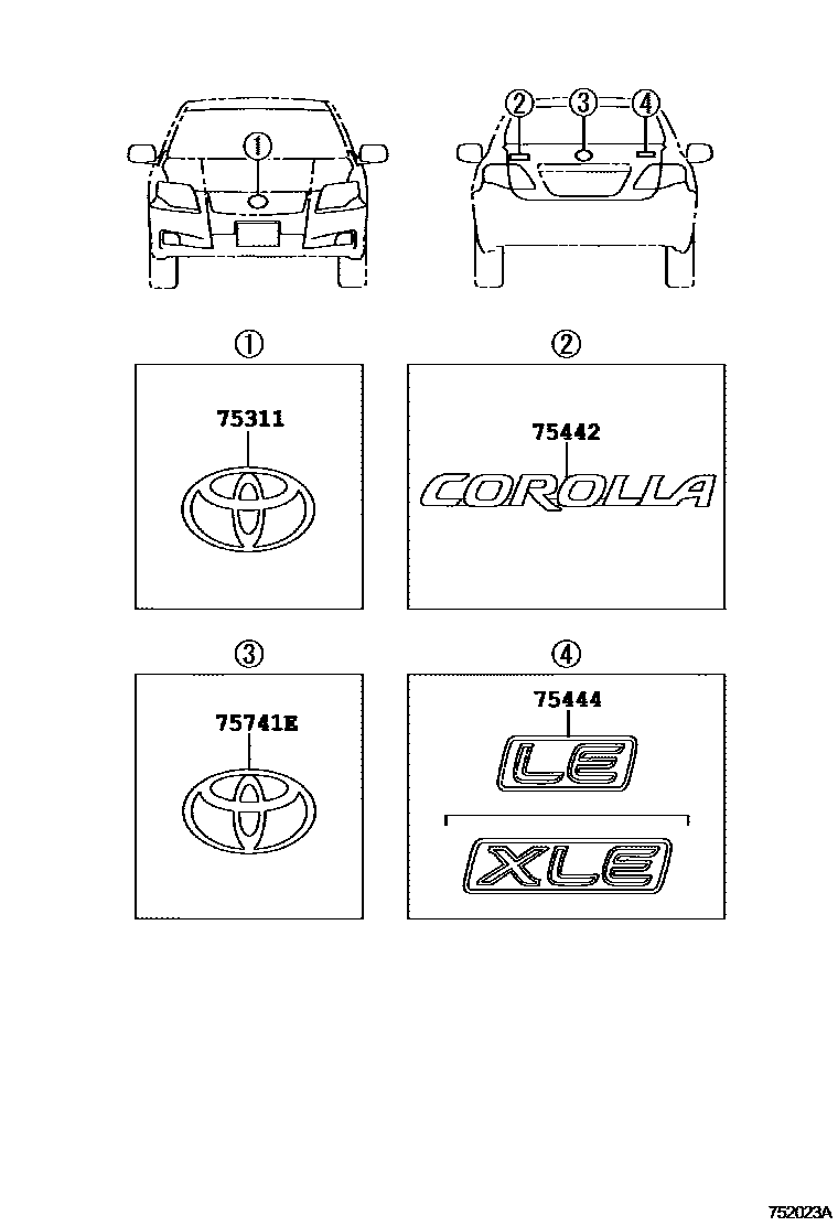 Toyota COROLLA 丰田徽标和铭牌(车外和车内) EPC diagram — 752023A