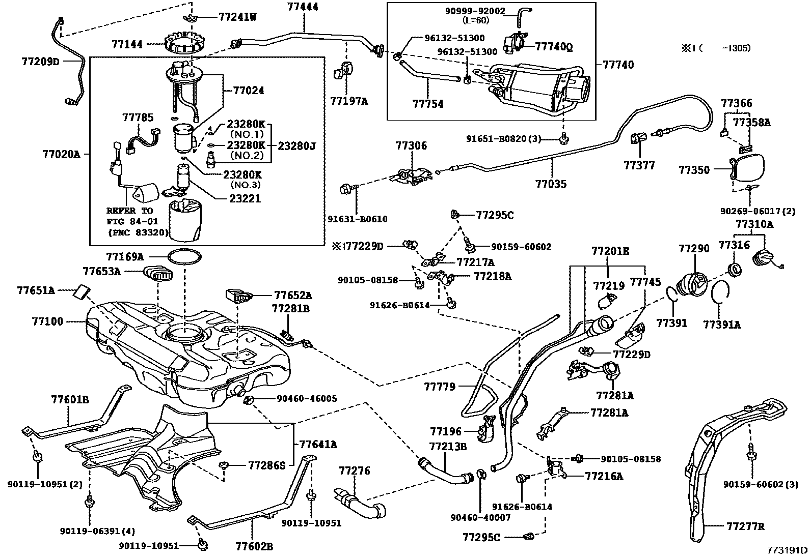 Toyota COROLLA 燃油箱和燃油管 EPC diagram — 773191D