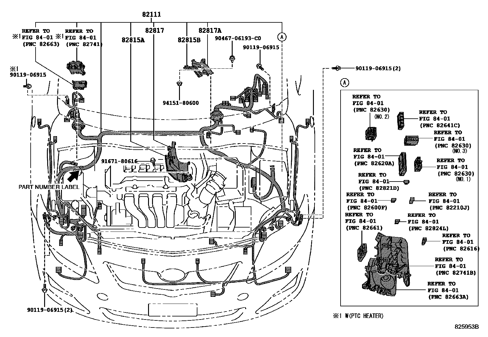 Toyota COROLLA 线束和卡夹 EPC diagram — 825953B