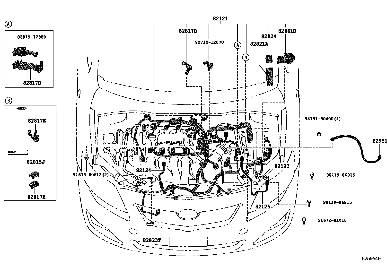 Toyota COROLLA 线束和卡夹 EPC diagram — 825954E