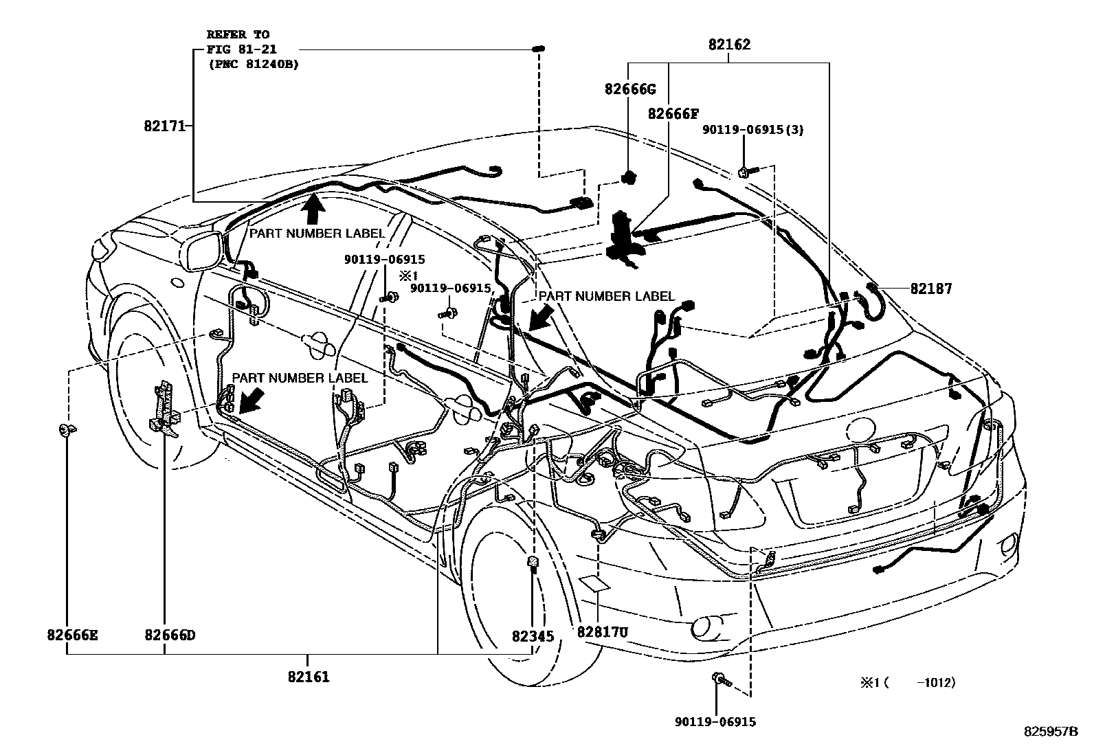 Toyota COROLLA 线束和卡夹 EPC diagram — 825957B