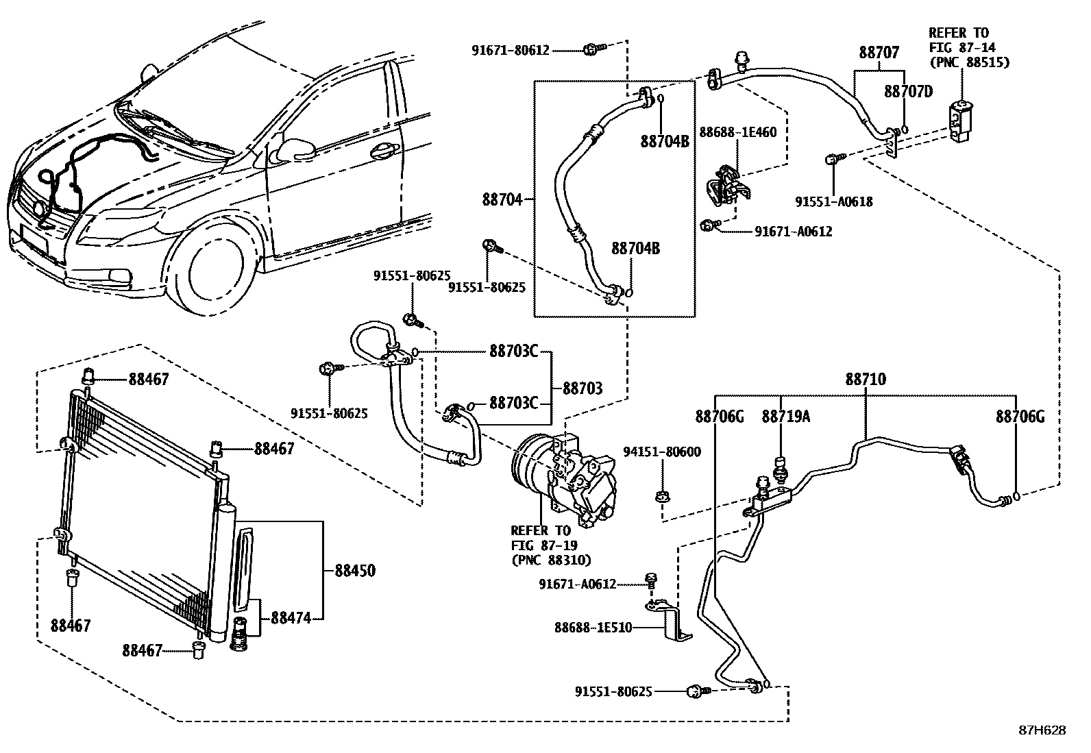 Toyota COROLLA Heating & Air Conditioning - Cooler Piping EPC diagram — 87H628