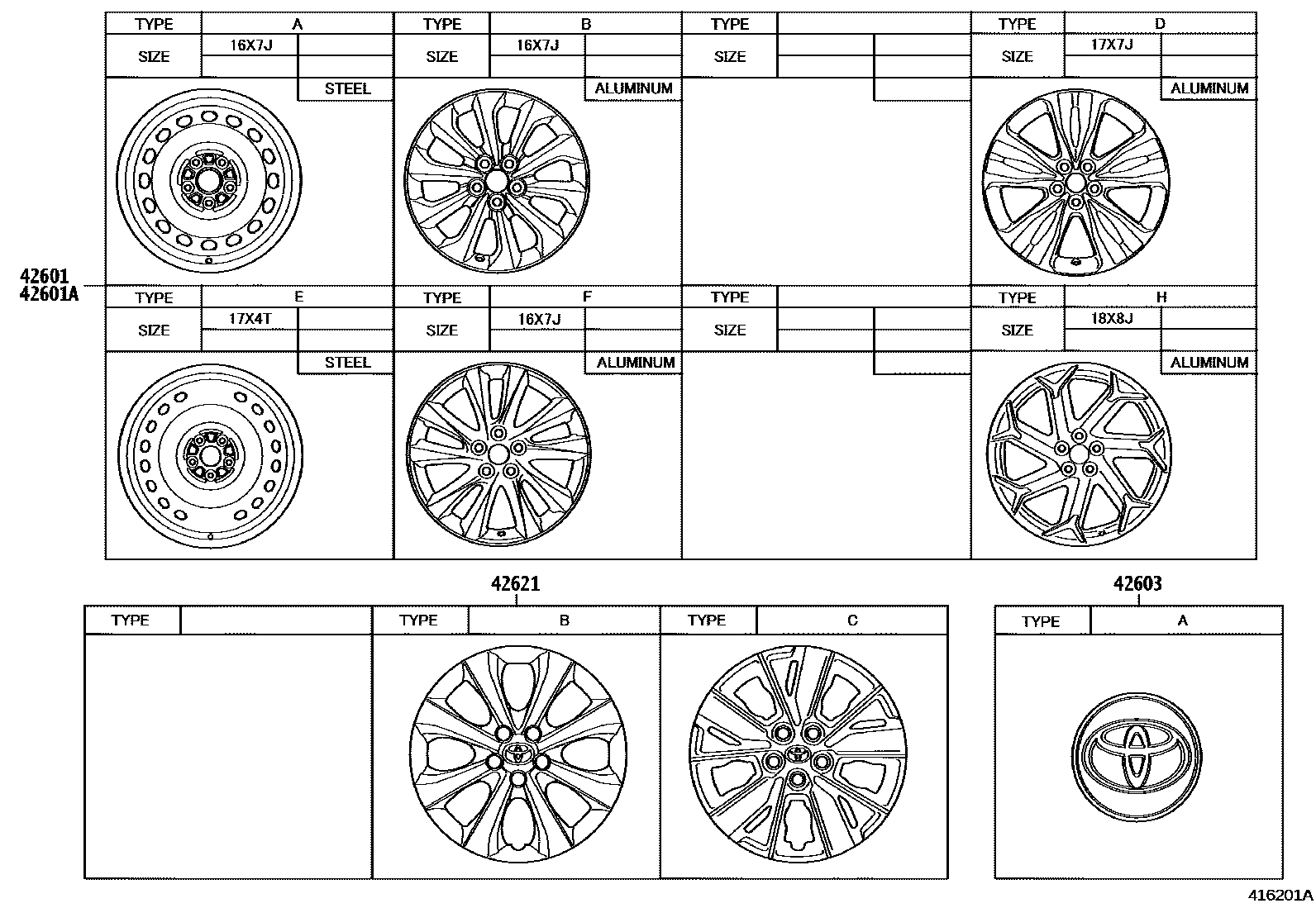 Toyota COROLLA 车轮和车轮盖 EPC diagram — 416201A