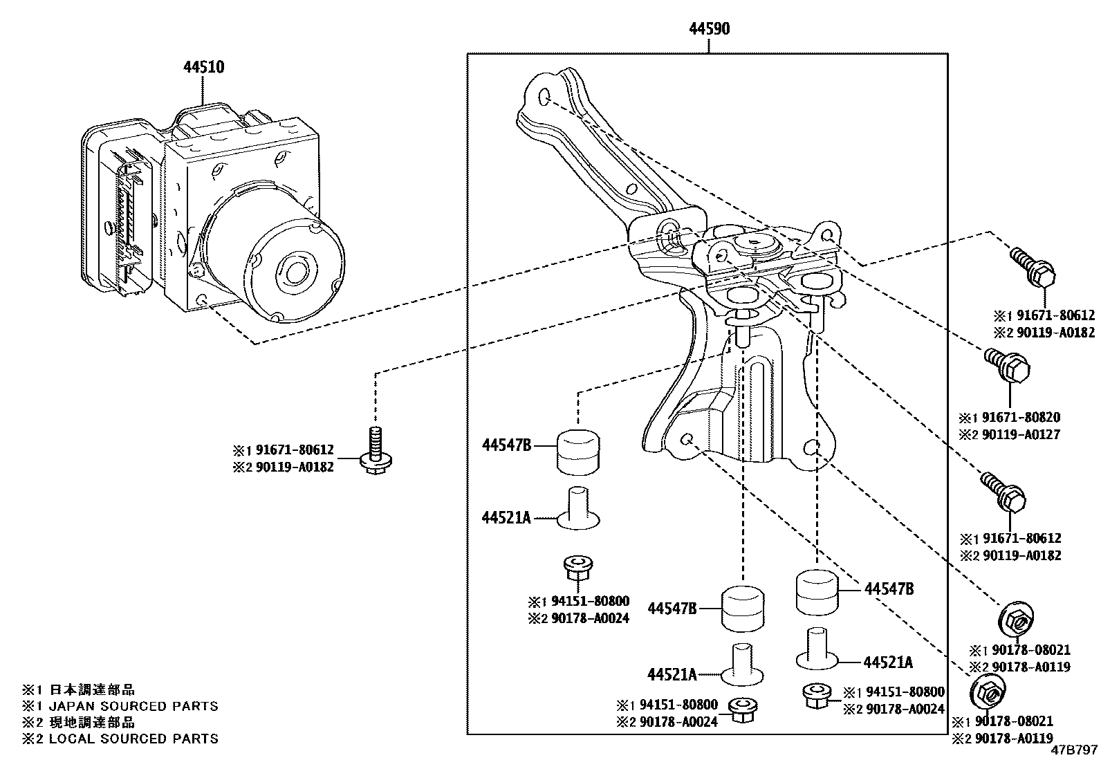 Toyota COROLLA 制动配管和卡箍 EPC diagram — 47B797